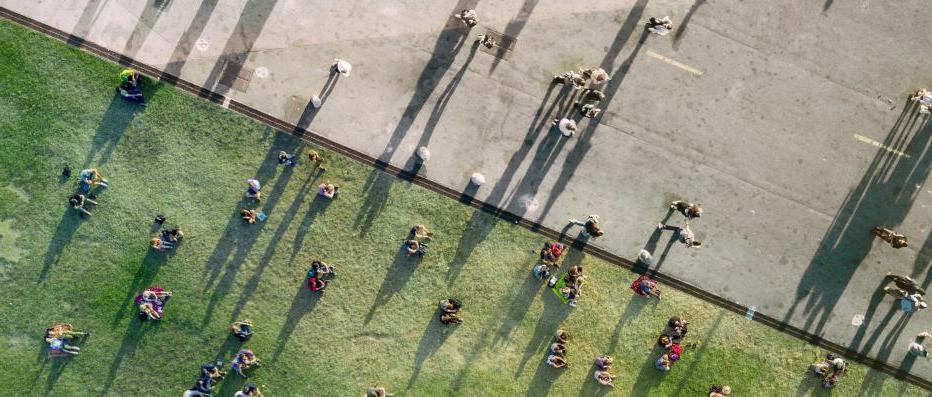 Aerial view of people on grass and pavement